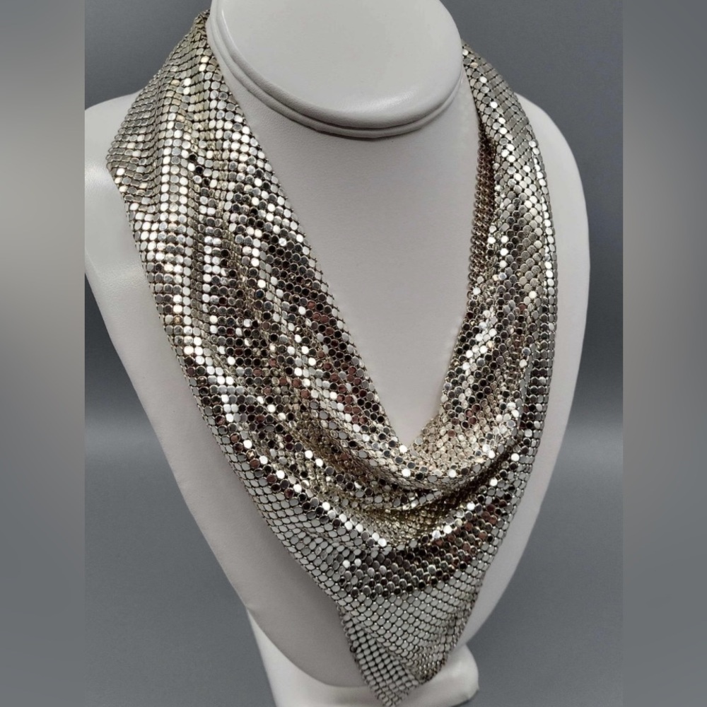 Vintage 1970s Whiting & Davis Silver Mesh Scarf Necklace Mint Condition